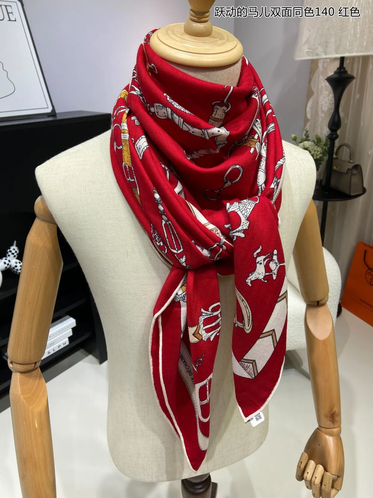 Linziyuan Equestrian-Print Double-Faced Red Silk Scarf 5