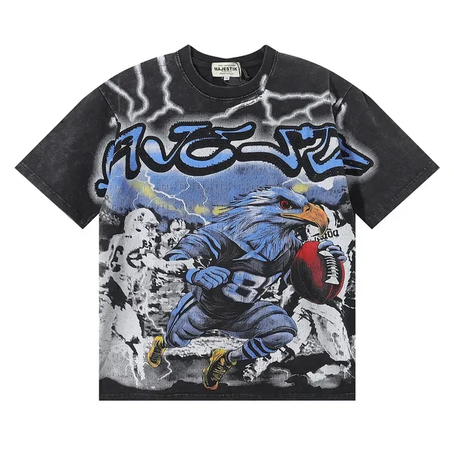 MAJESTIK Oversized Distressed Black Eagle Football Graphic T-Shirt 3