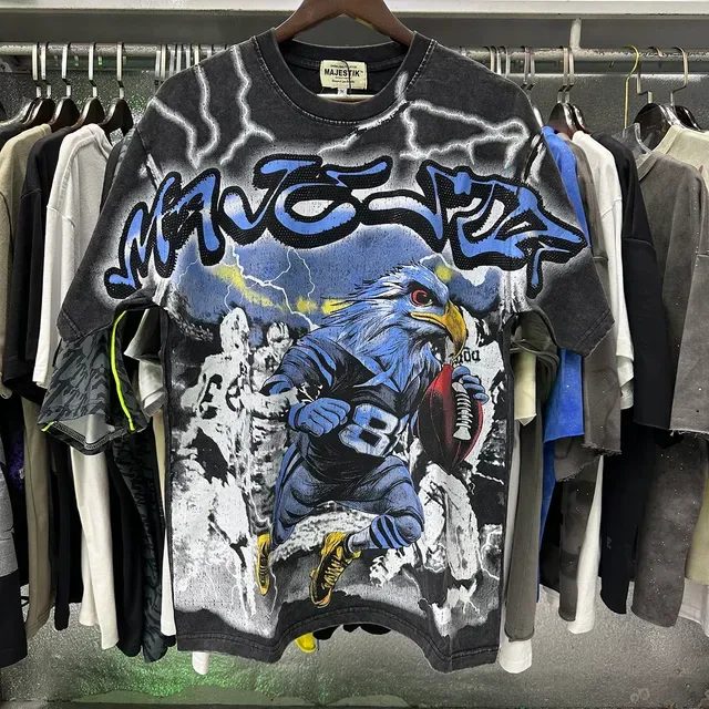 MAJESTIK Oversized Distressed Black Eagle Football Graphic T-Shirt 4