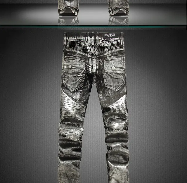 Metallic Silver Distressed Slim-Fit Panelled Jeans 2