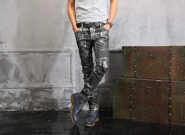 Metallic Silver Distressed Slim-Fit Panelled Jeans 3