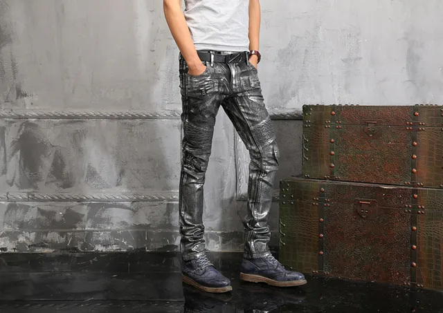 Metallic Silver Distressed Slim-Fit Panelled Jeans 4