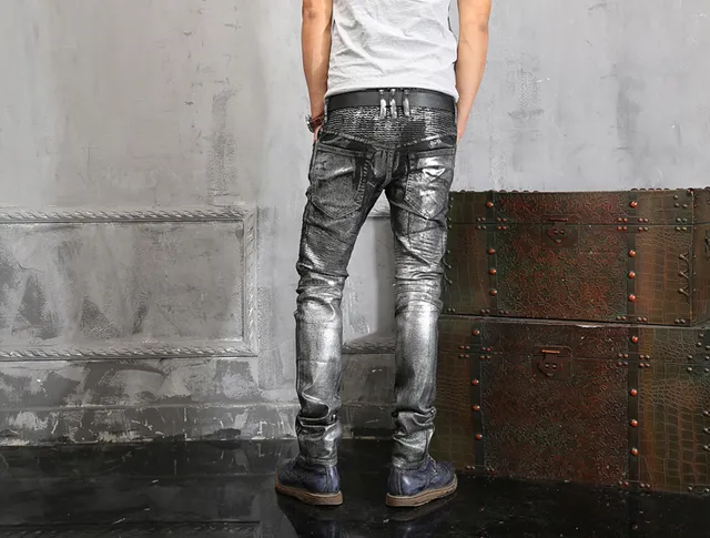 Metallic Silver Distressed Slim-Fit Panelled Jeans 5
