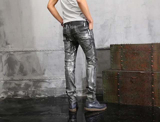 Metallic Silver Distressed Slim-Fit Panelled Jeans 10