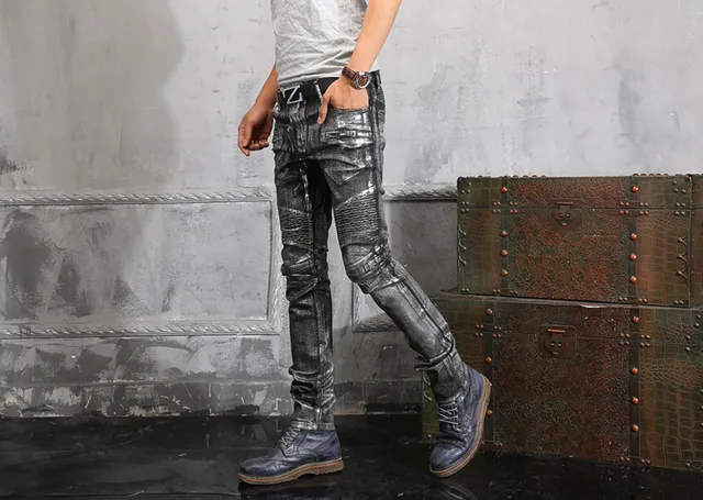 Metallic Silver Distressed Slim-Fit Panelled Jeans 12