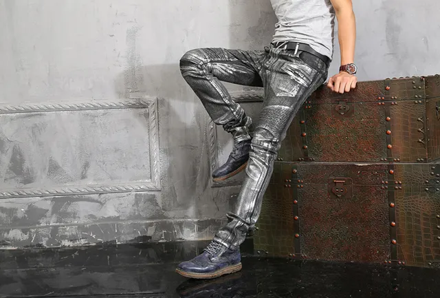 Metallic Silver Distressed Slim-Fit Panelled Jeans 13