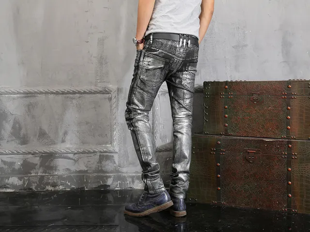 Metallic Silver Distressed Slim-Fit Panelled Jeans 14