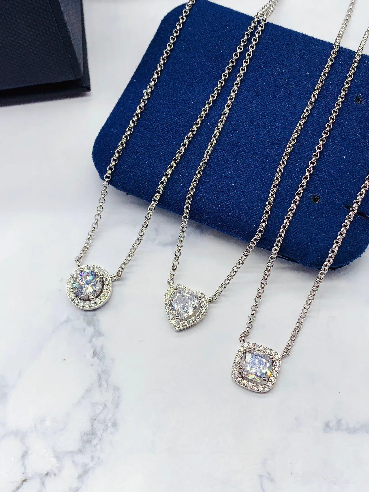 Monaco Silver Navy Curb Chains Halo-Set Crystal Pendants Necklace 3