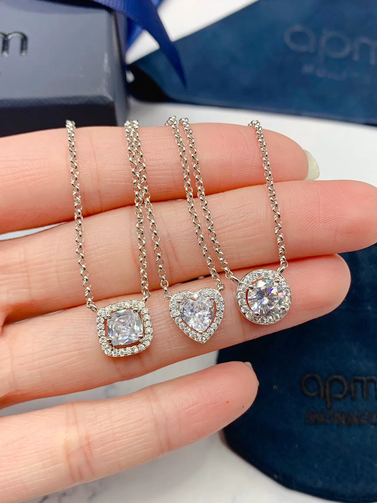 Monaco Silver Navy Curb Chains Halo-Set Crystal Pendants Necklace 8