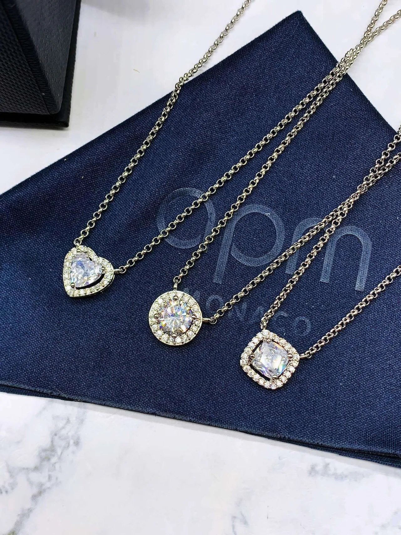Monaco Silver Navy Curb Chains Halo-Set Crystal Pendants Necklace 9