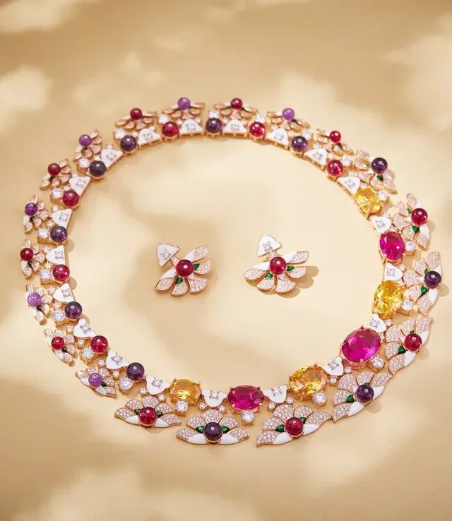 Multicolor Floral Enamel and Gemstone Collar Necklace 6