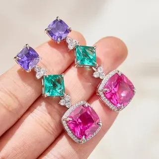 Multicolor Silver Cushion-Cut Central Stone Prong-Set Gem Earrings