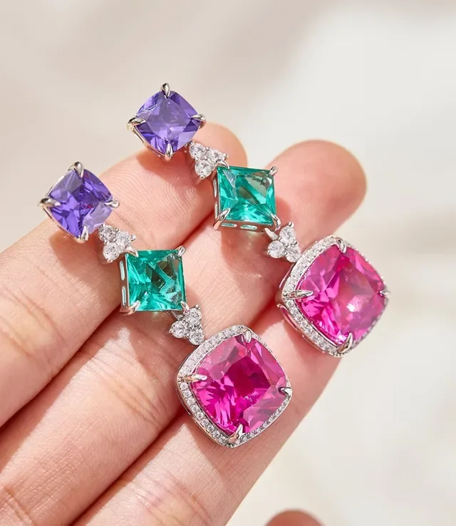 Multicolor Silver Cushion-Cut Central Stone Prong-Set Gem Earrings 1