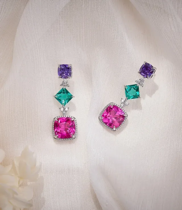 Multicolor Silver Cushion-Cut Central Stone Prong-Set Gem Earrings 3
