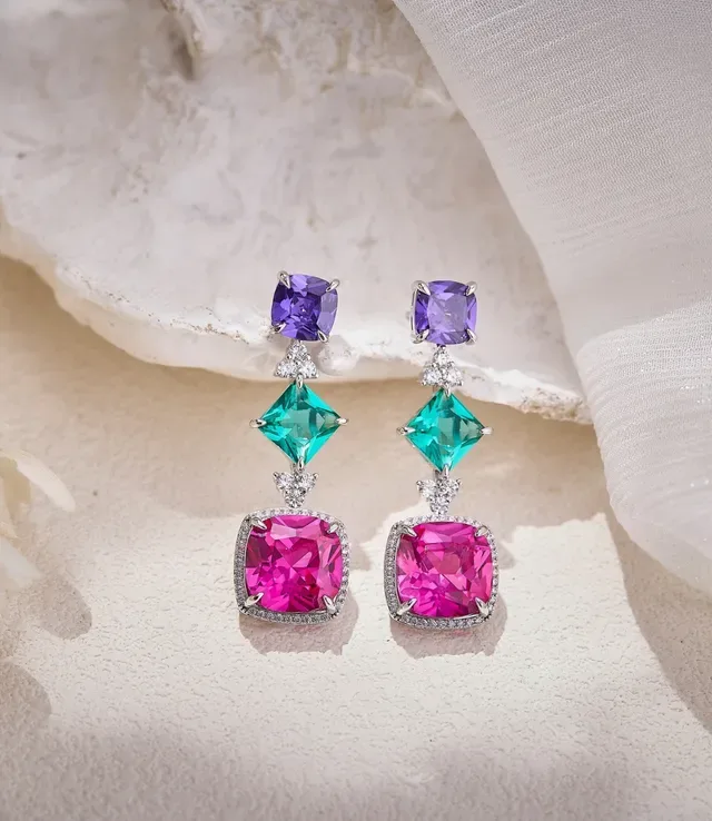 Multicolor Silver Cushion-Cut Central Stone Prong-Set Gem Earrings 4