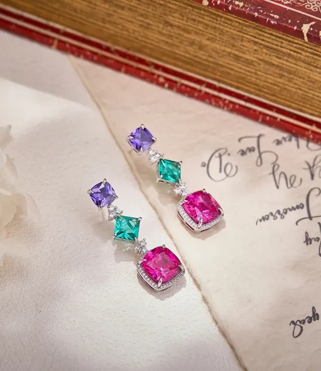 Multicolor Silver Cushion-Cut Central Stone Prong-Set Gem Earrings 5