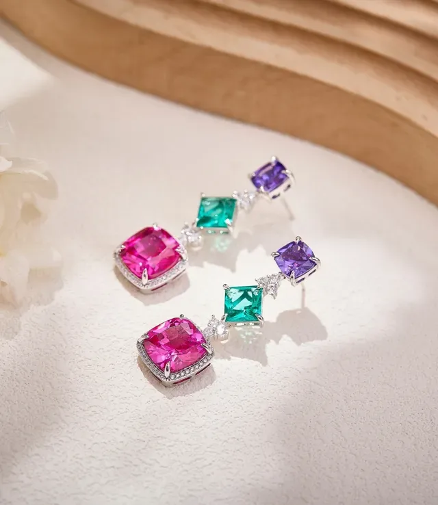Multicolor Silver Cushion-Cut Central Stone Prong-Set Gem Earrings 6