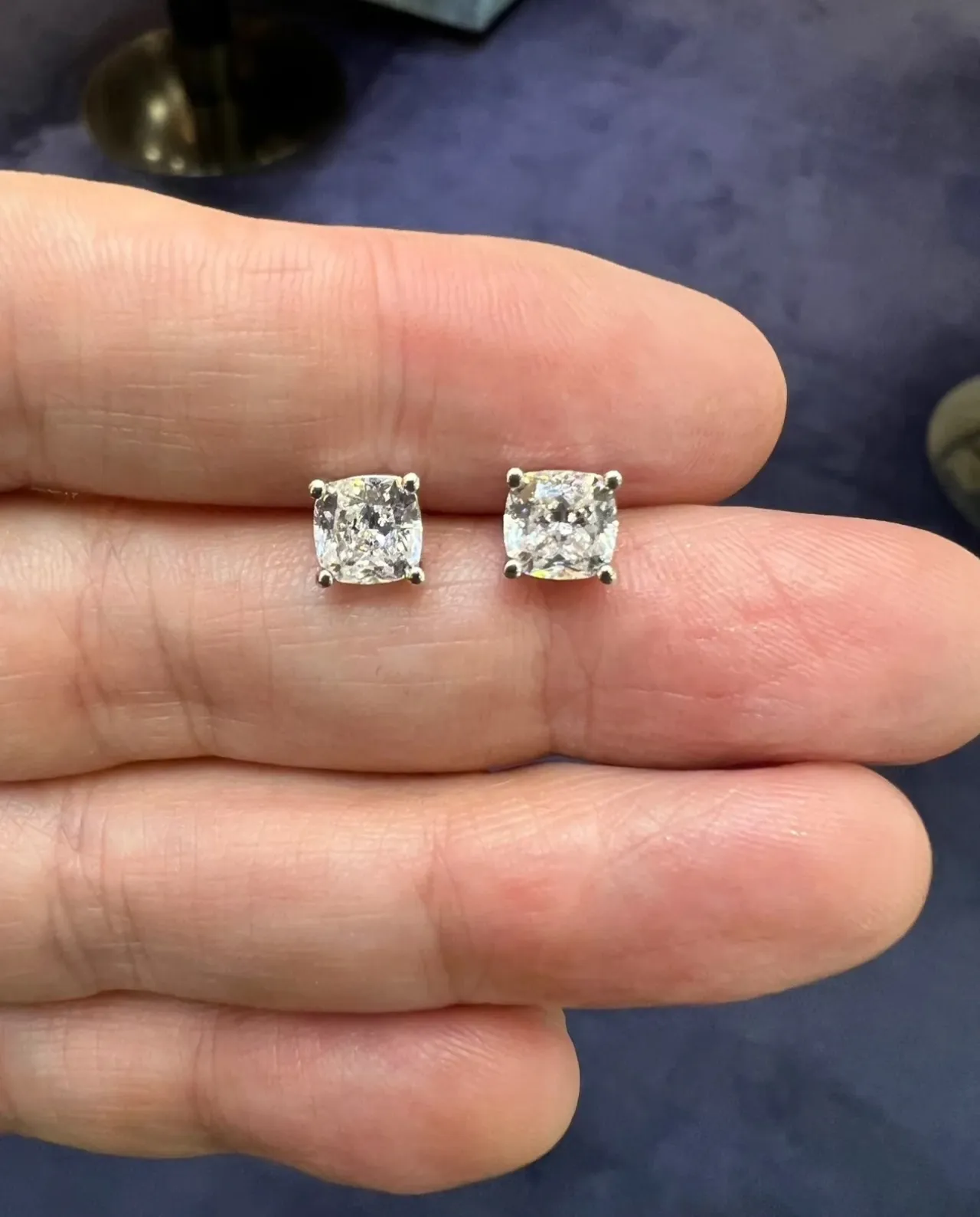 Navy Silver Square-Cut Stone Prong-Set Earrings 4