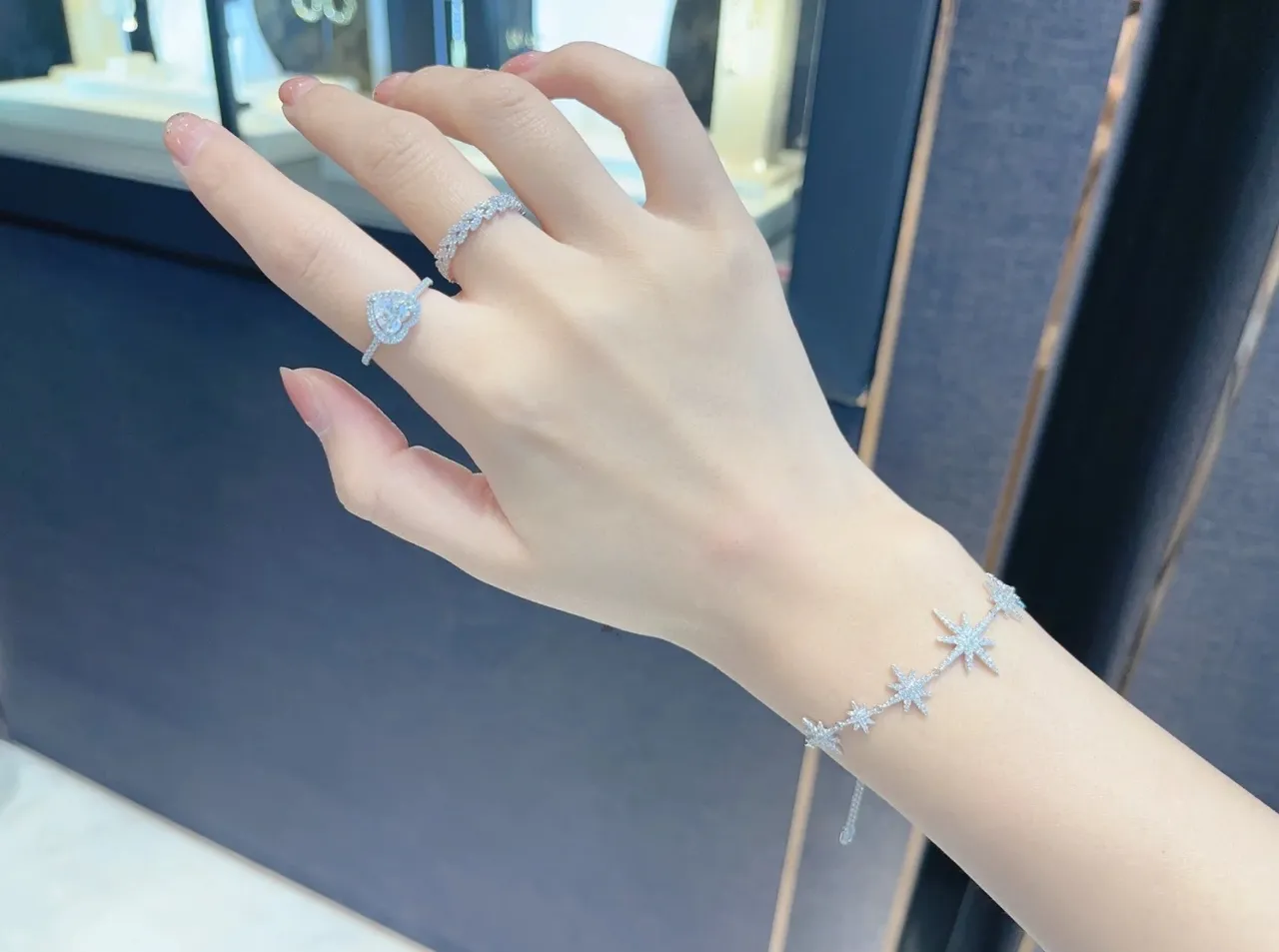 Navy Silver Starburst Motif Pavé-Set Stones Bracelet 4
