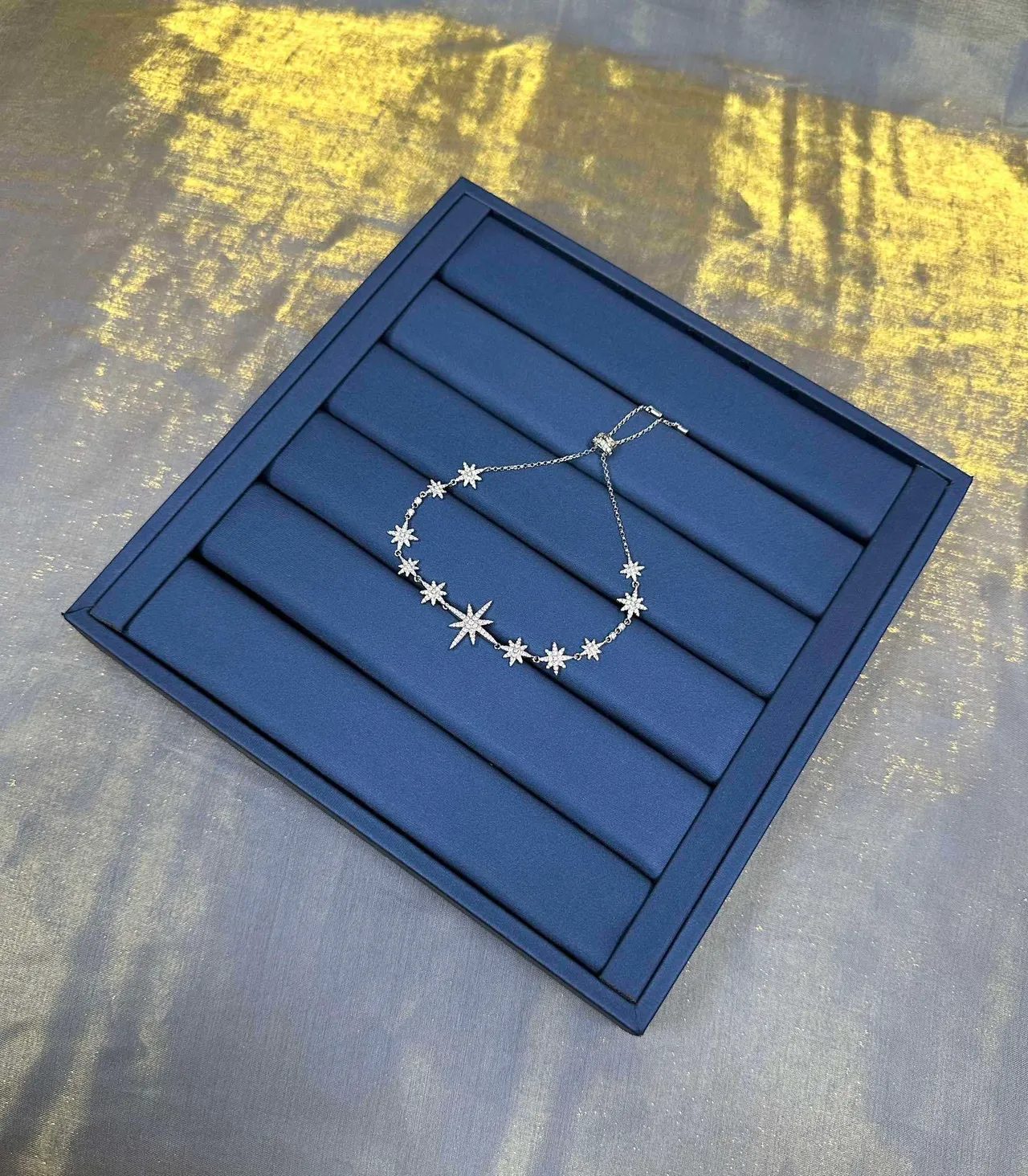 Navy Silver Starburst Motif Pavé-Set Stones Bracelet 8