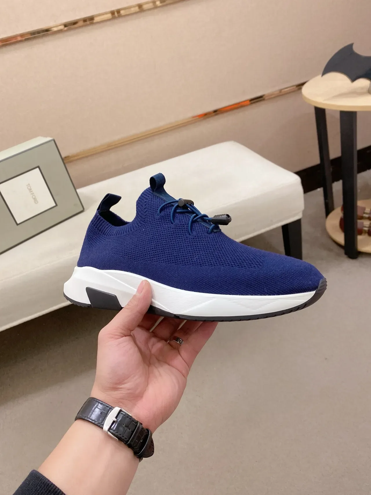 Navy White Knit Sock-Fit Upper Toggle Lace System Sneakers 4