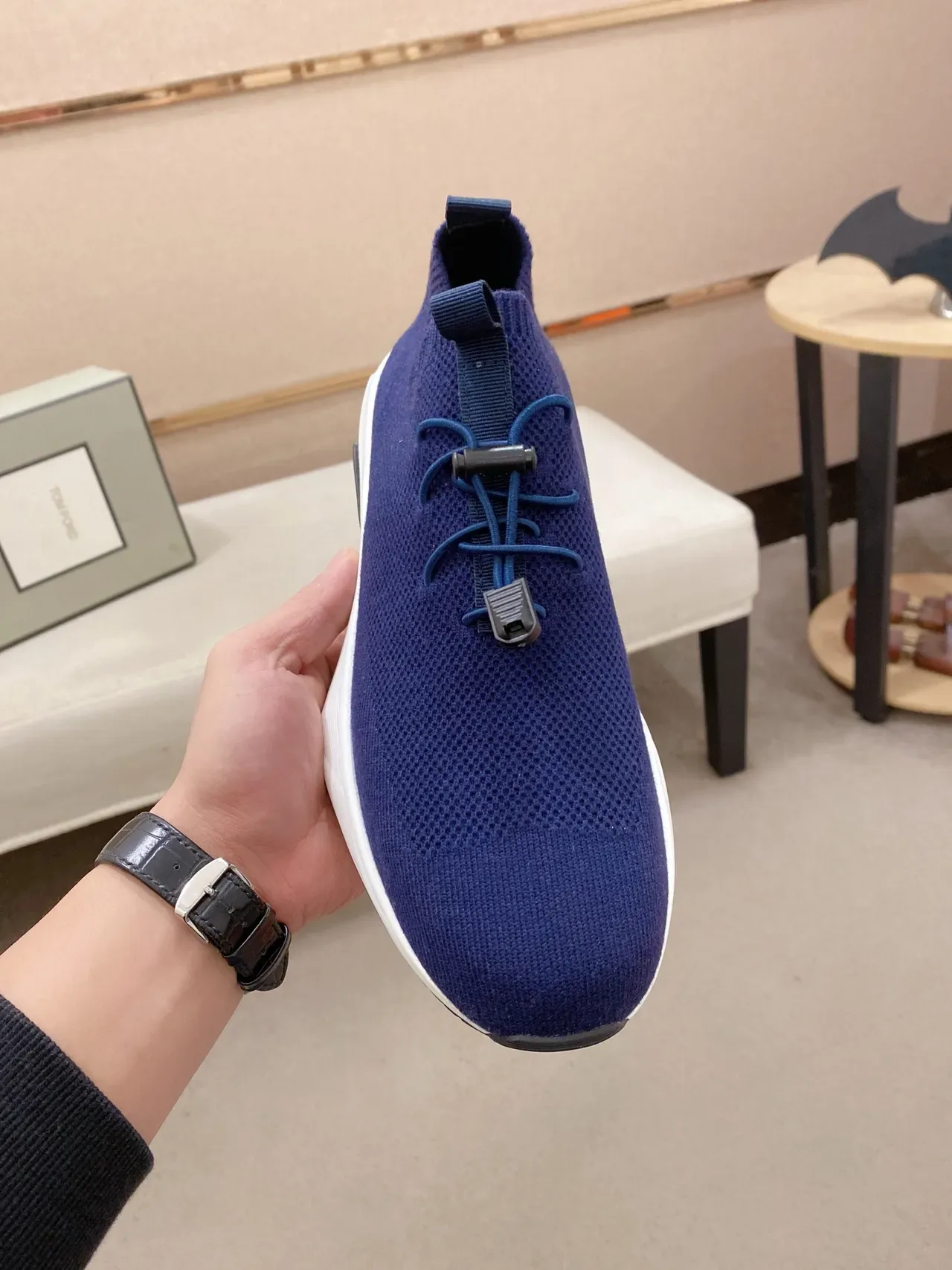 Navy White Knit Sock-Fit Upper Toggle Lace System Sneakers 5