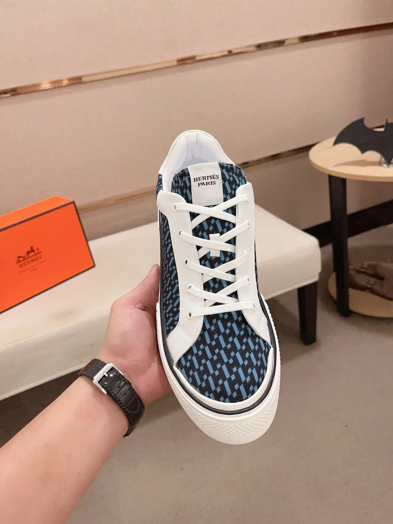 Navy White Low-Top Platform Sneaker Geometric-Print Textile Upper Sneakers 5