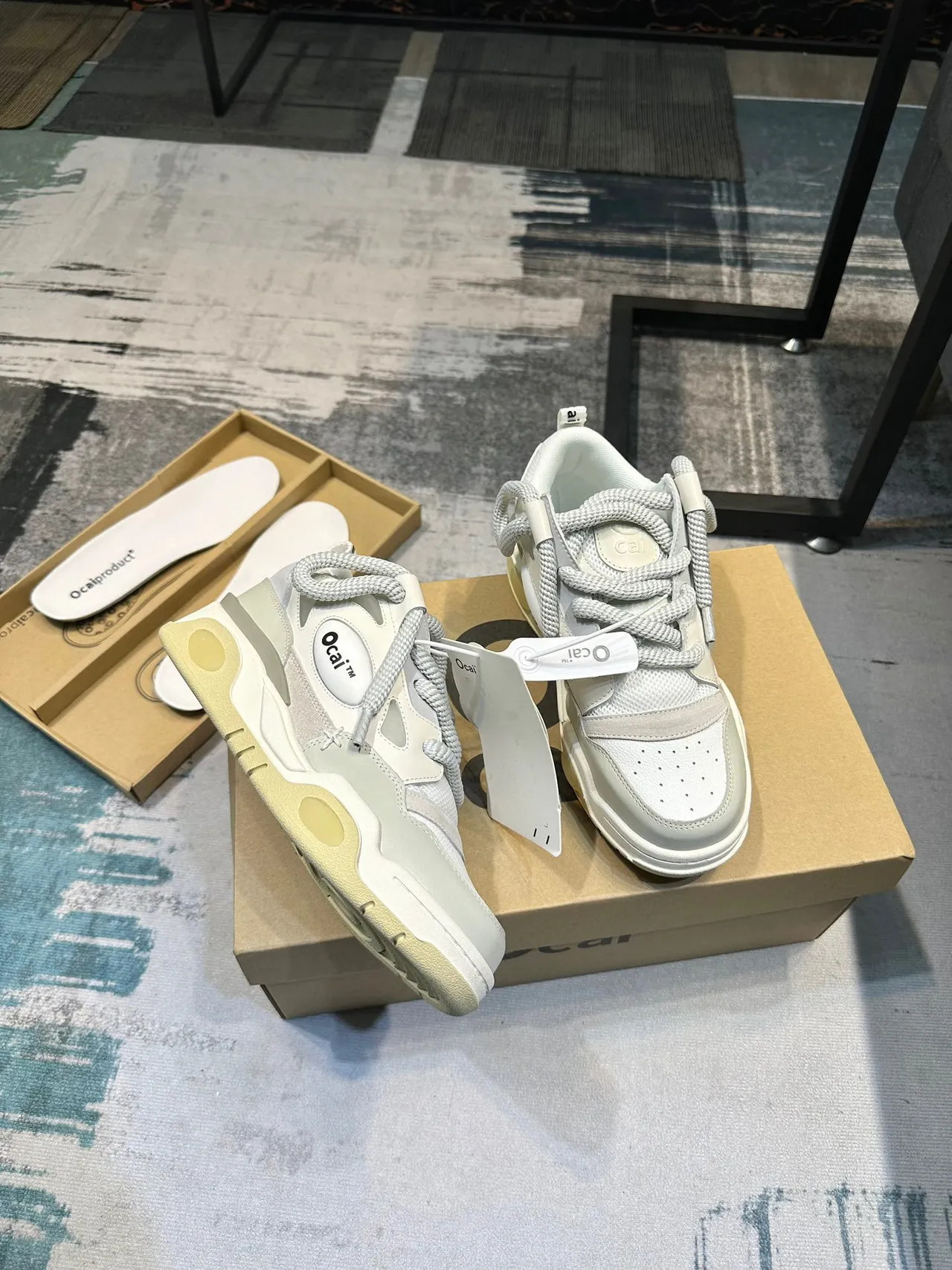 Ocai White Beige Layered Upper Rope Laces Chunky Sneakers 5
