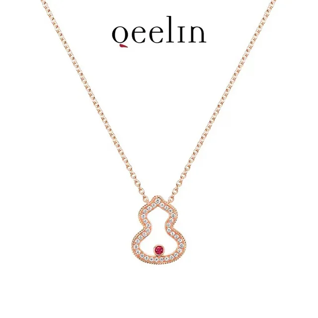 oeelin Gold Red Gourd-Shaped Openwork Pendant Pavé-Set Diamonds Necklace 6
