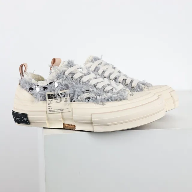 Off-White Cream and Gray Fuzzy Platform Sneakers 3
