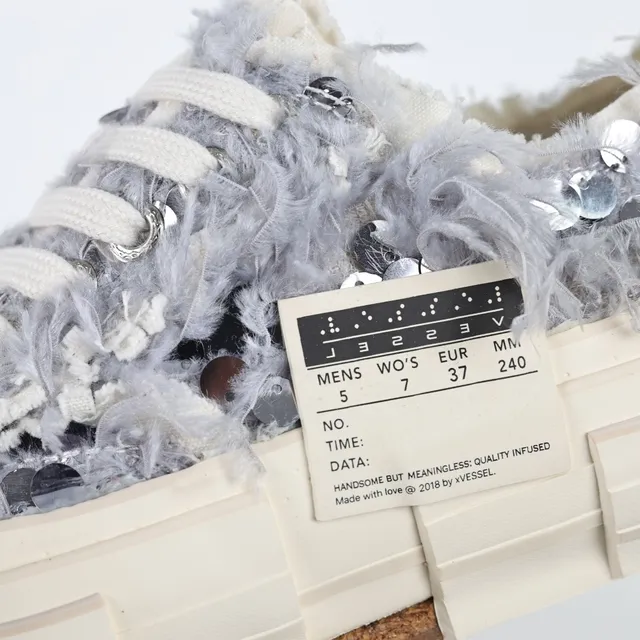 Off-White Cream and Gray Fuzzy Platform Sneakers 6
