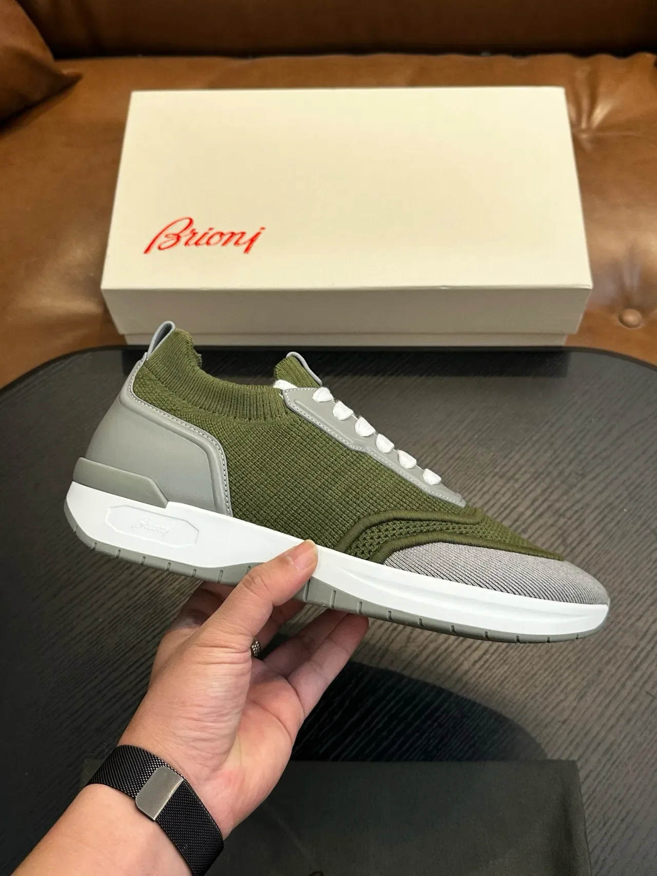 Olive Green and Gray Mesh Low-Top Sneakers 2
