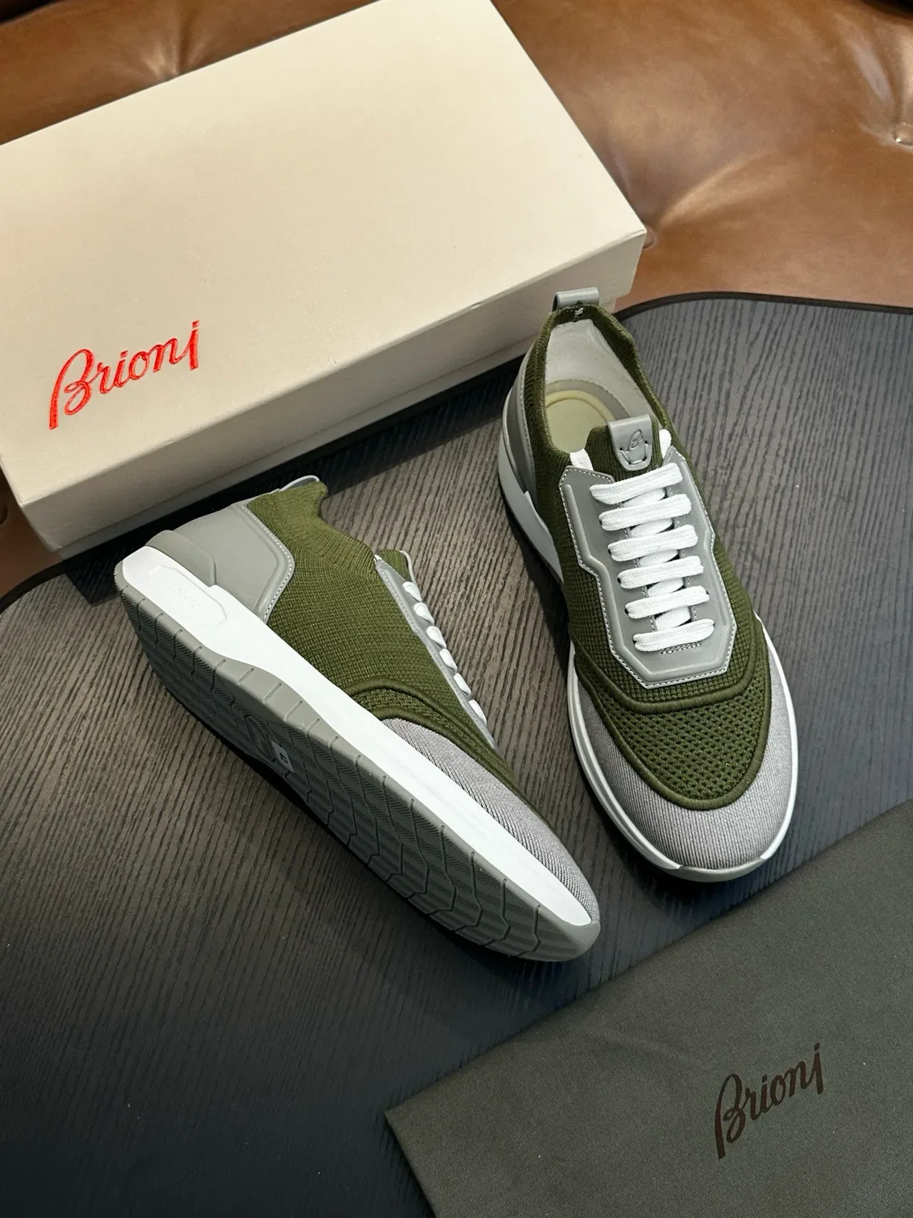 Olive Green and Gray Mesh Low-Top Sneakers 4