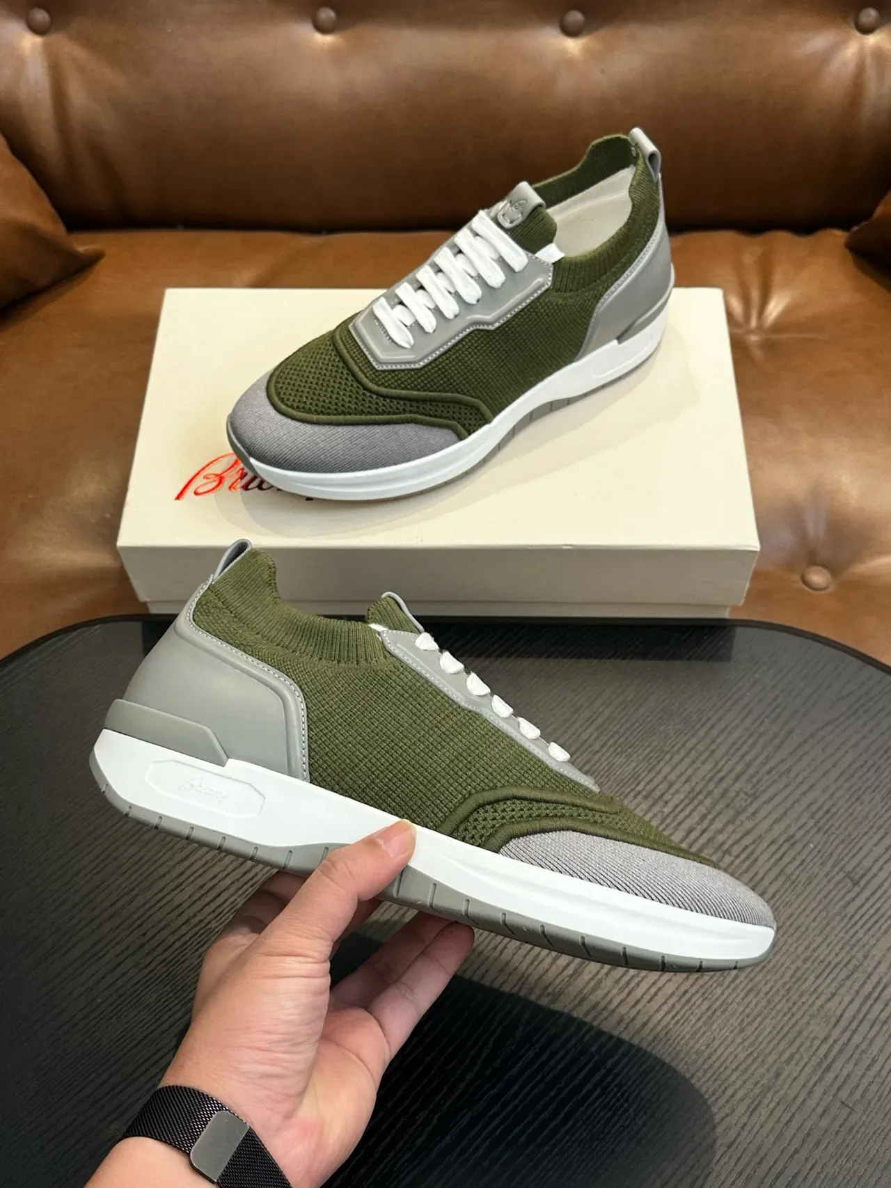 Olive Green and Gray Mesh Low-Top Sneakers 5