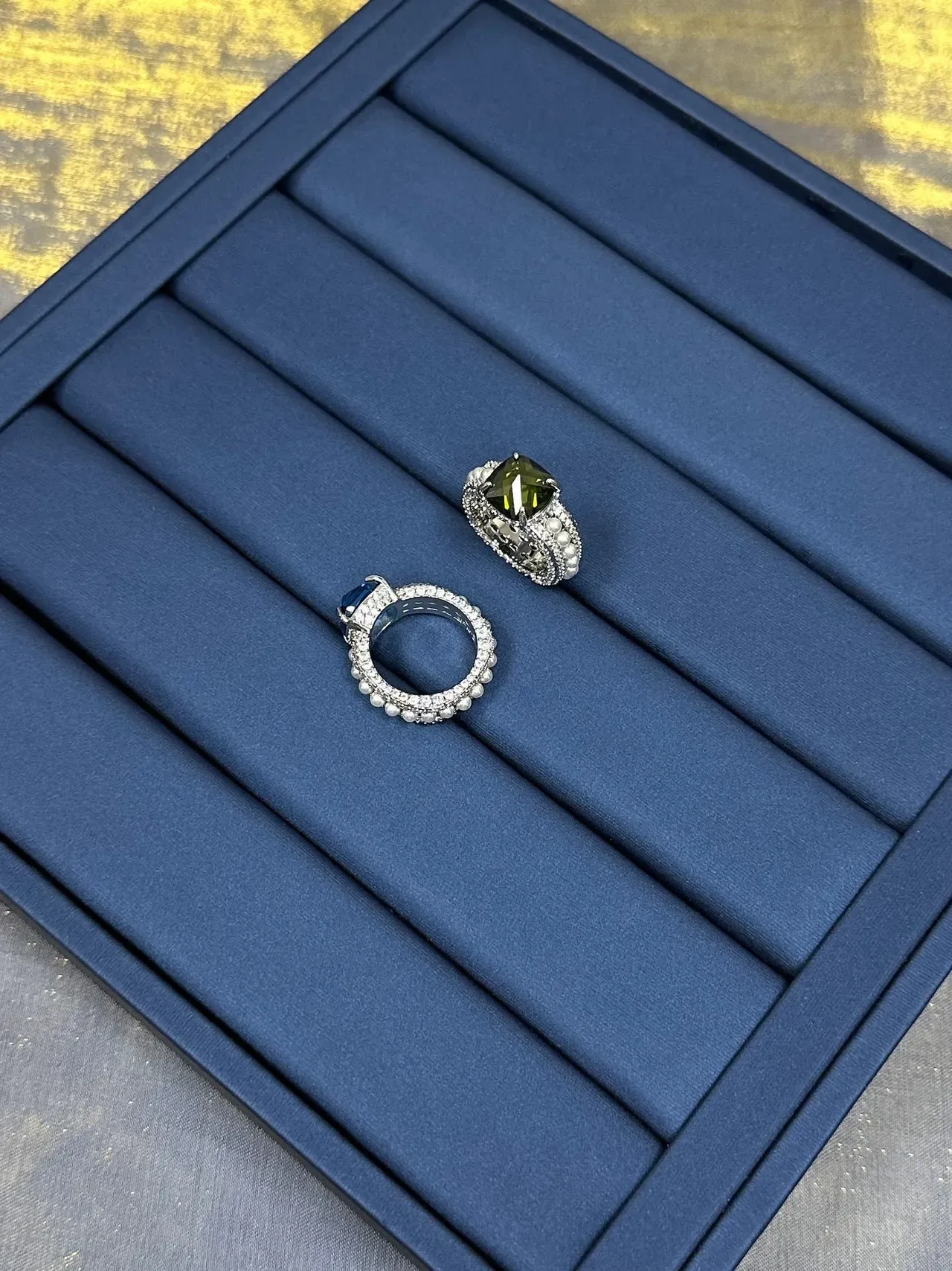 Olive Green Faceted Gemstone Pearl and Pave Statement Ring 9