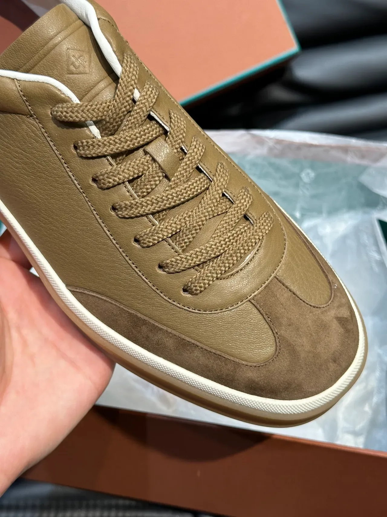 Olive Green Leather-Suede Mix Low-Top Sneakers 3