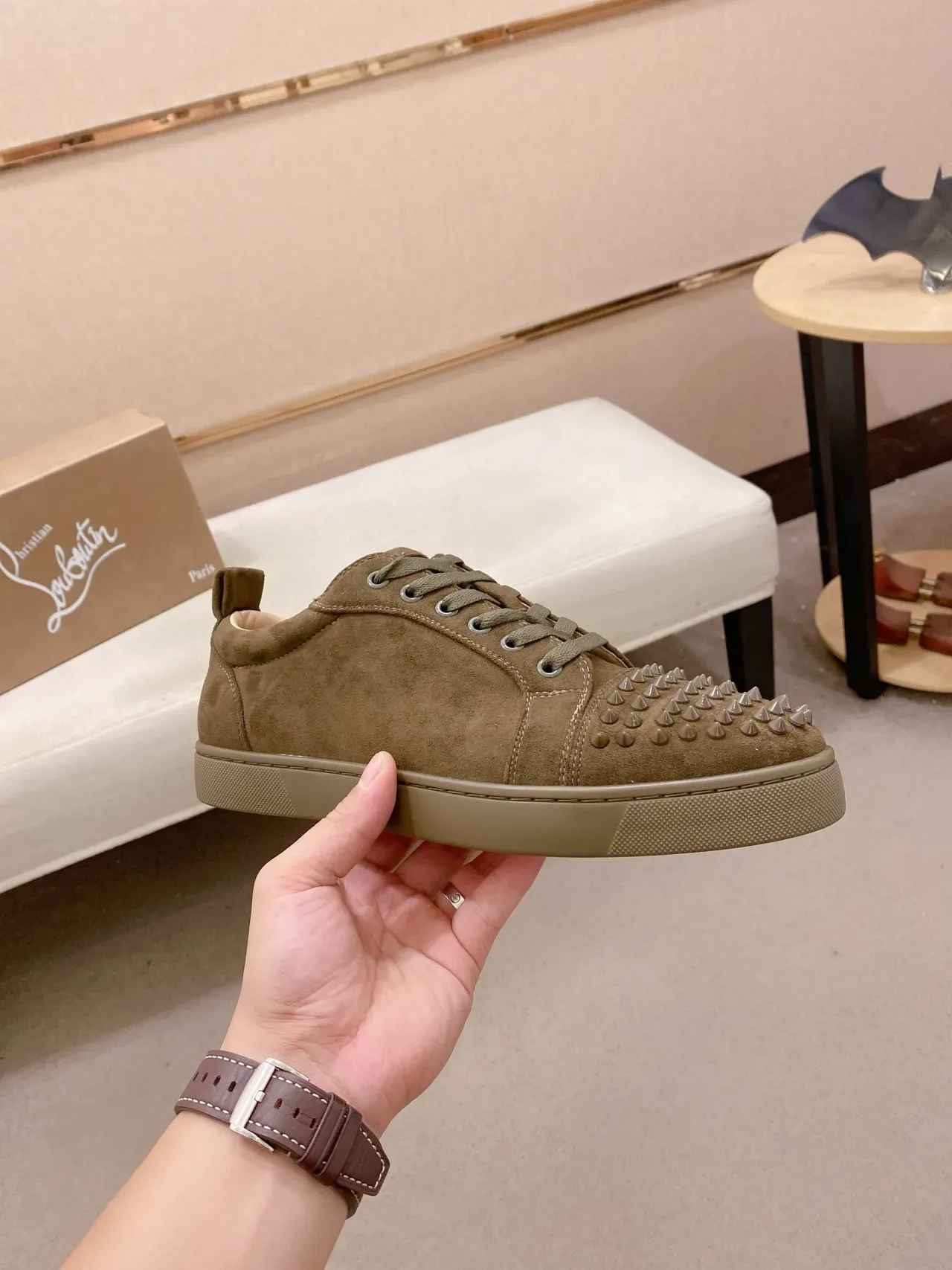 Olive Suede Spiked Toe Cap Low-Top Sneaker 5