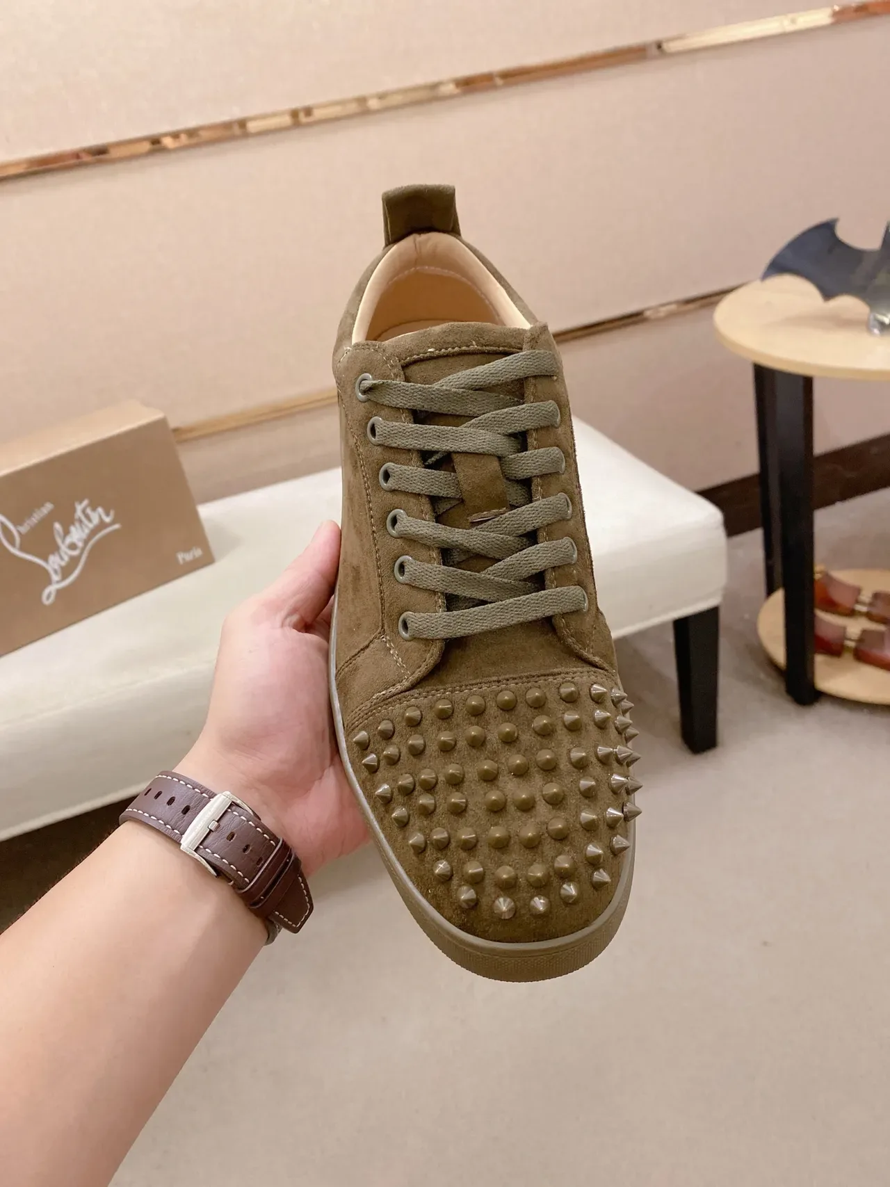 Olive Suede Spiked Toe Cap Low-Top Sneaker 6