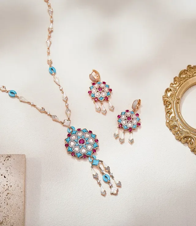 Ornate Turquoise and Ruby Enamel Floral Medallion Pendant Necklace 3