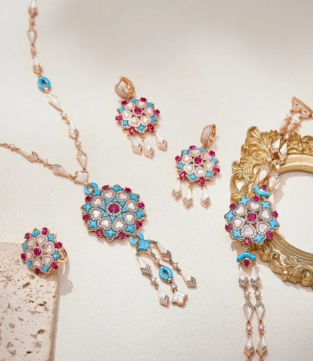 Ornate Turquoise and Ruby Enamel Floral Medallion Pendant Necklace 4
