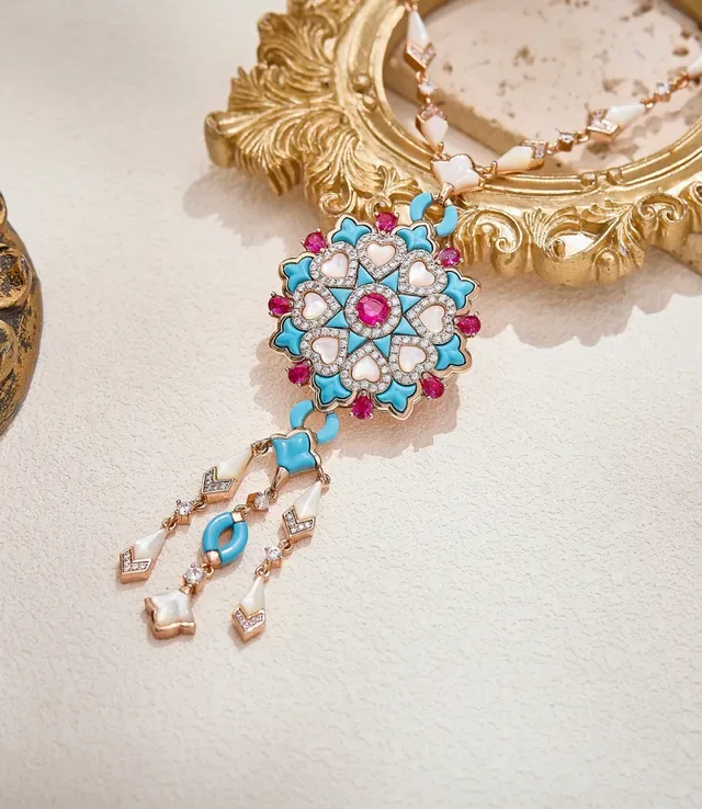 Ornate Turquoise and Ruby Enamel Floral Medallion Pendant Necklace 5