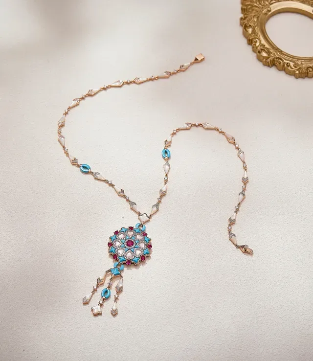 Ornate Turquoise and Ruby Enamel Floral Medallion Pendant Necklace 6