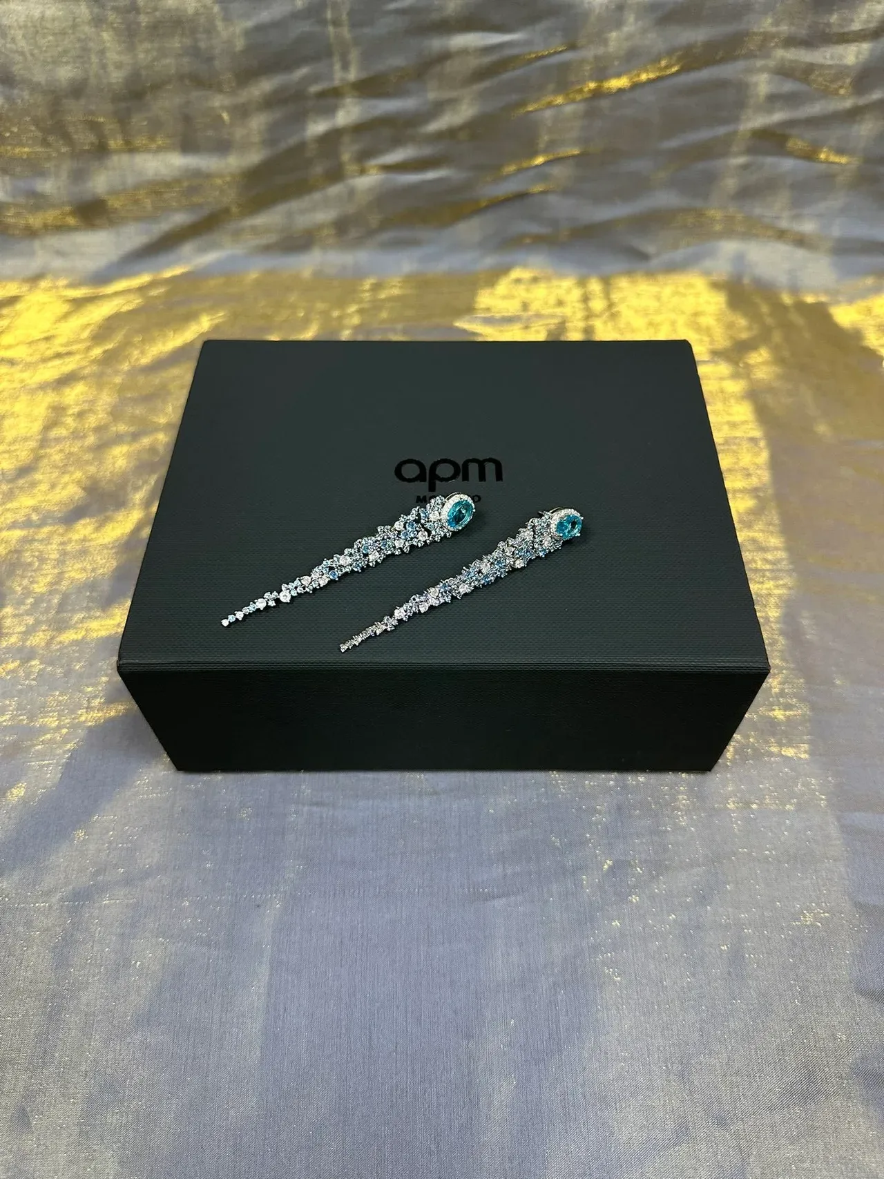 Oval Aquamarine-Top Cascading Crystal Dangle Earrings 6