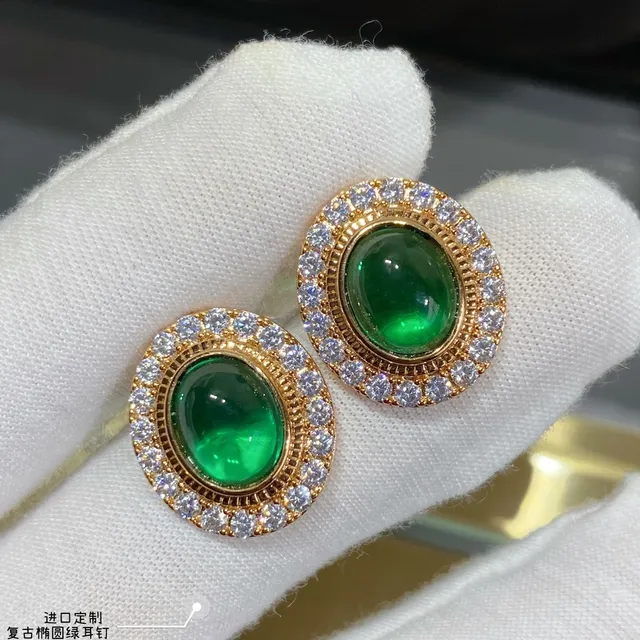 Oval Green Cabochon Halo Stud Earrings 7