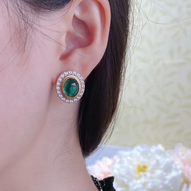 Oval Green Cabochon Halo Stud Earrings 8