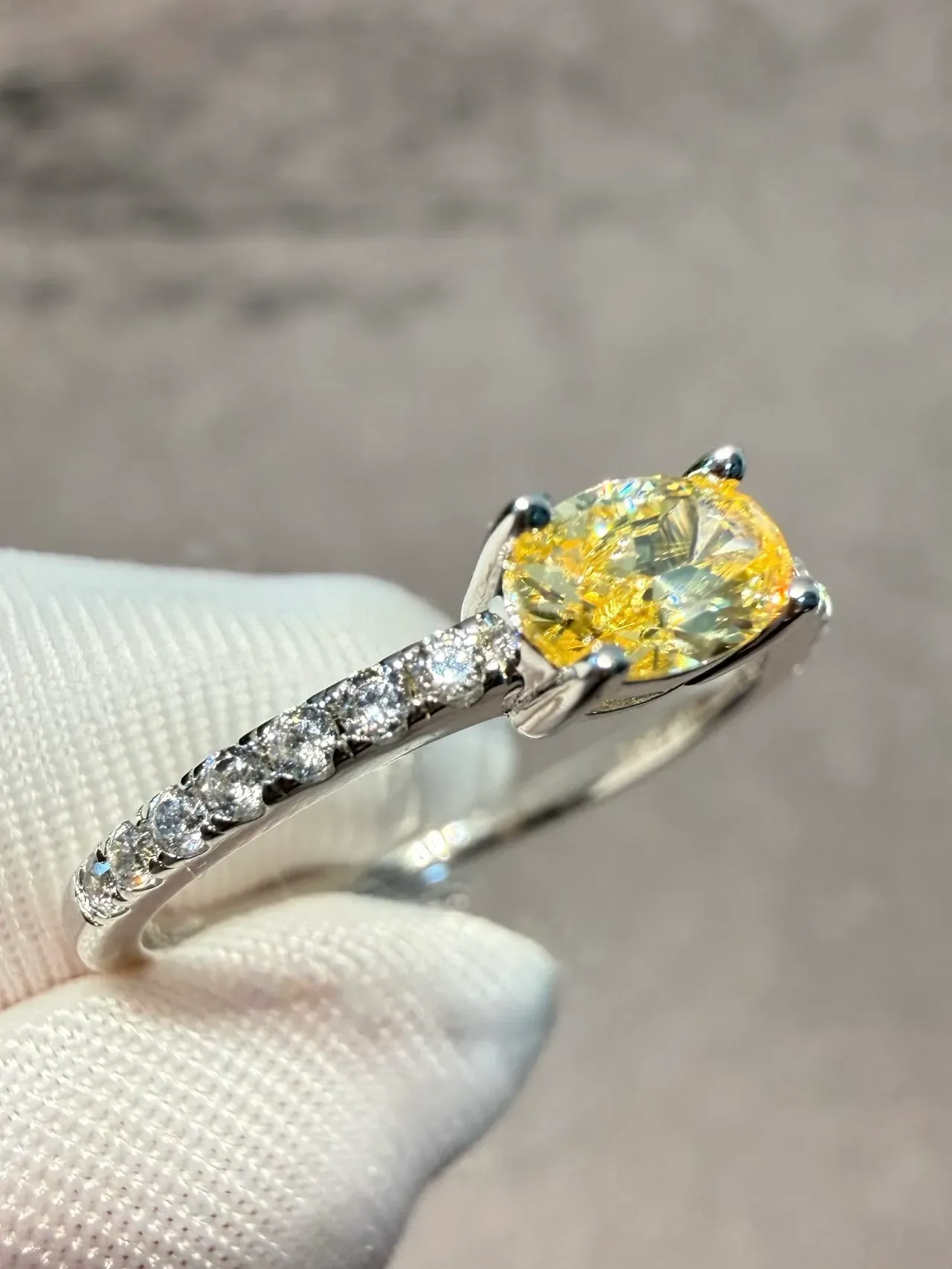 Oval Yellow Gemstone Four-Prong Pavé Diamond Ring 2