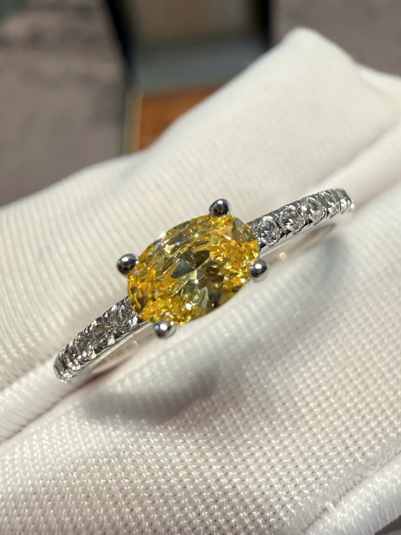 Oval Yellow Gemstone Four-Prong Pavé Diamond Ring 4