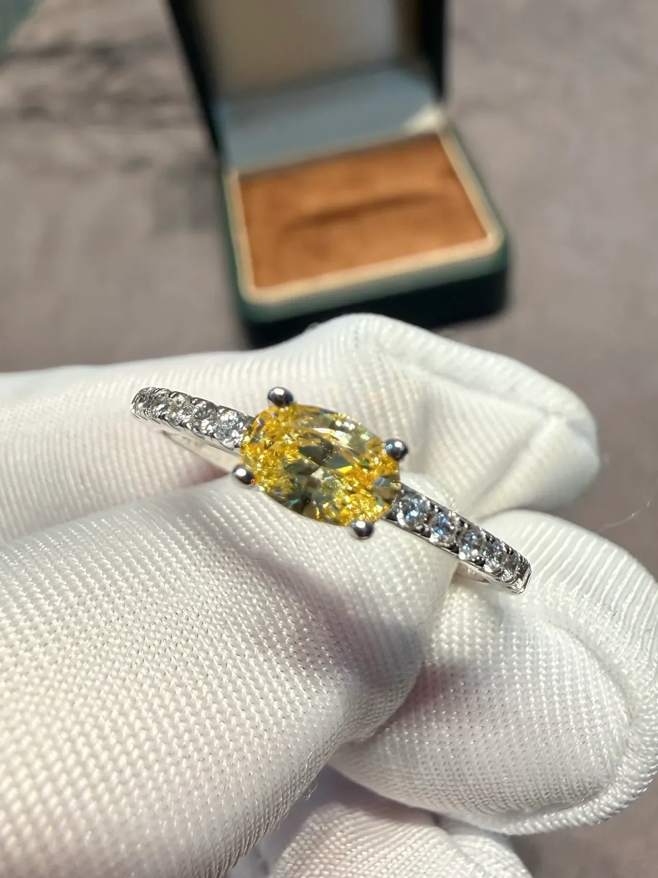 Oval Yellow Gemstone Four-Prong Pavé Diamond Ring 5