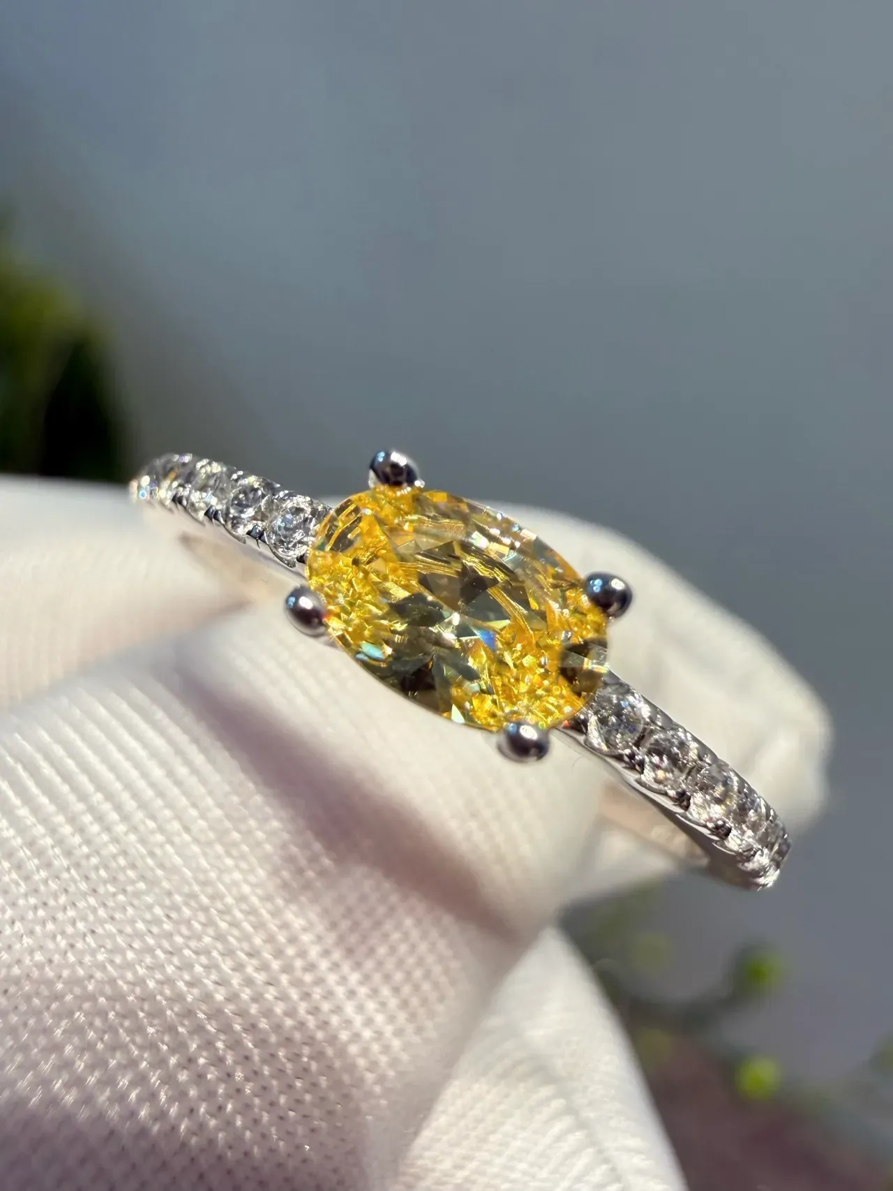 Oval Yellow Gemstone Four-Prong Pavé Diamond Ring 7