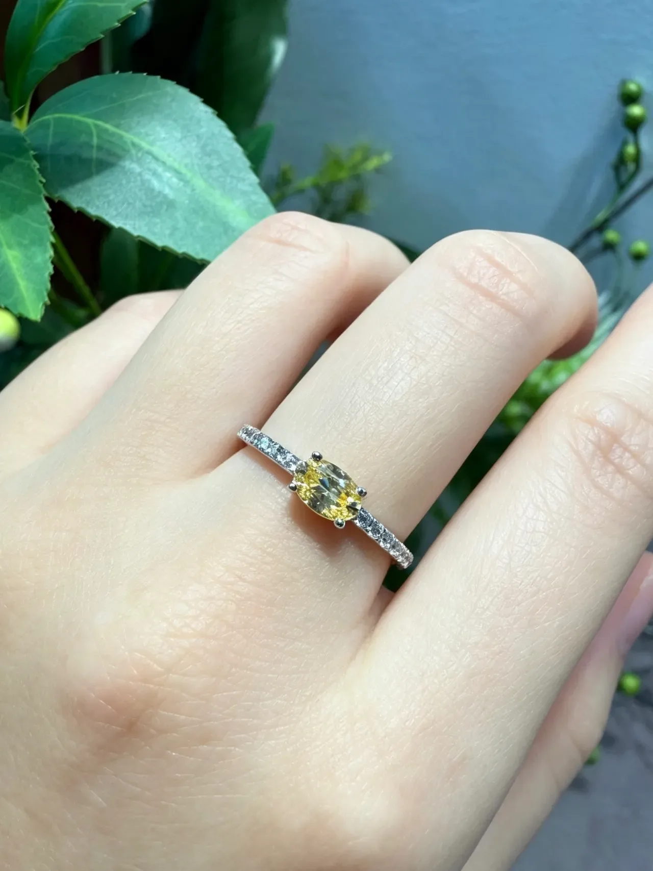 Oval Yellow Gemstone Four-Prong Pavé Diamond Ring 9